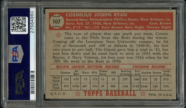 1952 Topps BB Card #107 Connie Ryan Philadelphia Phillies PSA EX-MT 6 (MGD2)