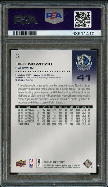 2008 Skybox BkB Card # 32 Dirk Nowitzki Dallas Mavericks PSA GEM MINT 10 (MGD2)