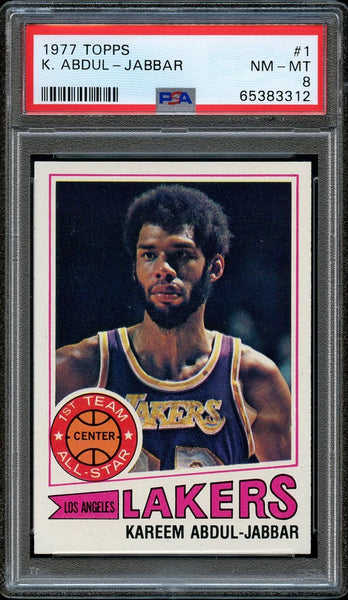 1977 Topps Bkb Card # 1 Kareem Abdul-Jabbar Los Angeles Lakers HOF PSA 8 NM-MT (MGD2)